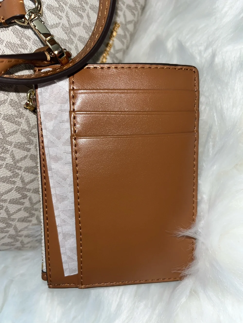 Michael Kors Beige MK Monogram Tote with Brown Trim and Straps